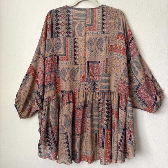 Ivy Jane Boho Printed V-Neck Flowy Peasant High Low Blouse Top - Picture 8 of 8